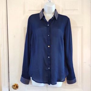 NY & COMPANY Navy Blue Semi Sheer Long Sleeves Women's Shirt. Size M
